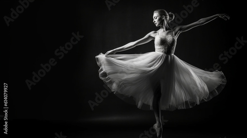 "Witness the epitome of elegance and grace in this black-and-white photograph capturing a ballerina mid-leap. Every movement tells a story of passion and dedication. Generative AI
