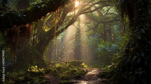 Step into a fairytale world with this enchanting forest scene  where rays of sunlight dance through the lush green canopy  creating a magical atmosphere. Generative AI