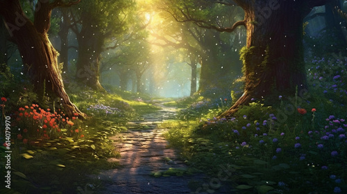 Step into a fairytale world with this enchanting forest scene, where rays of sunlight dance through the lush green canopy, creating a magical atmosphere. Generative AI © Julia
