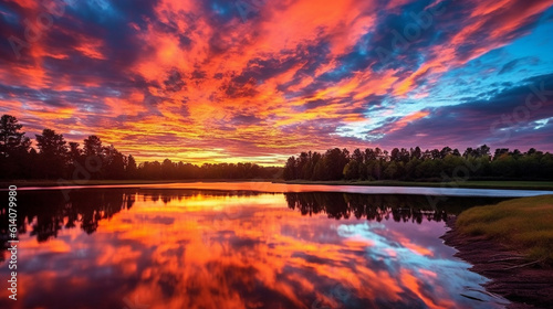 Prepare to be mesmerized by this breathtaking sunset, as the fiery hues paint the sky in a stunning display of nature's artistry Generative AI © Julia