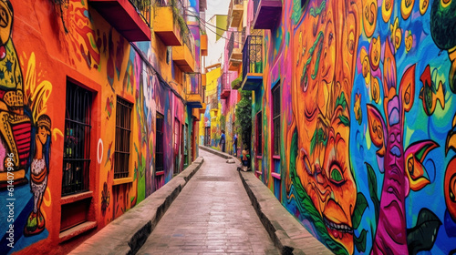 "Get lost in a labyrinth of colorful alleys, where vibrant street art breathes life into every corner, unveiling the soul of a city. Generative AI