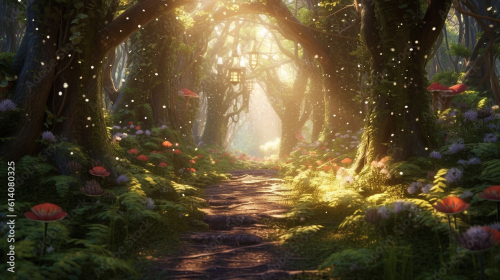 Step into a world of whimsy and imagination in this fairytale forest, where sunlight dances through the trees, casting enchanting shadows on the forest floor.