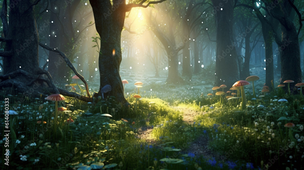 Step into a world of whimsy and imagination in this fairytale forest, where sunlight dances through the trees, casting enchanting shadows on the forest floor.
