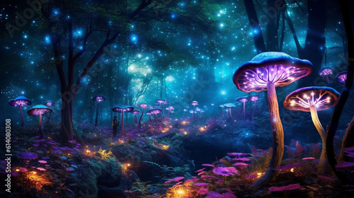 "Step into a surreal dreamscape where a mystical forest glows with enchanting bioluminescence, transporting you to a world straight out of a fairytale." Generative AI