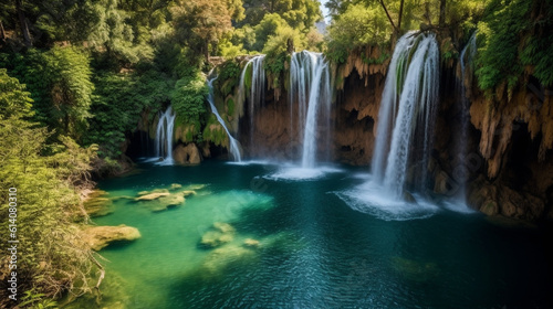 Prepare to be awestruck by the sheer power and grace of this magnificent waterfall  as torrents of water plunge into a crystal-clear pool  creating a symphony of nature s forces.  Generative AI