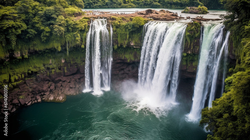Prepare to be awestruck by the sheer power and grace of this magnificent waterfall  as torrents of water plunge into a crystal-clear pool  creating a symphony of nature s forces.  Generative AI