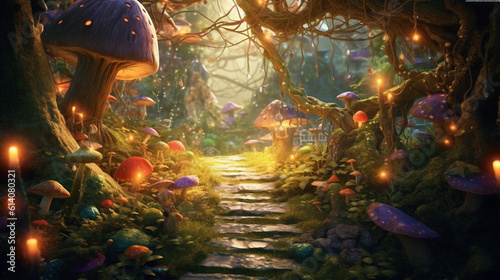 Step into a world of whimsy and imagination in this fairytale forest, where sunlight dances through the trees, casting enchanting shadows on the forest floor.