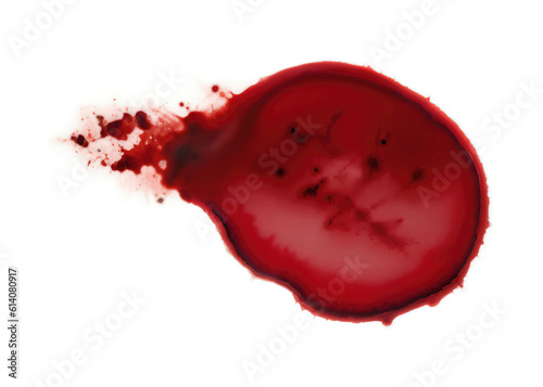 Macro closeup illustration of a vivid blood red stain resembling a cell, prominently standing out on a pristine white surface. Generative AI. 