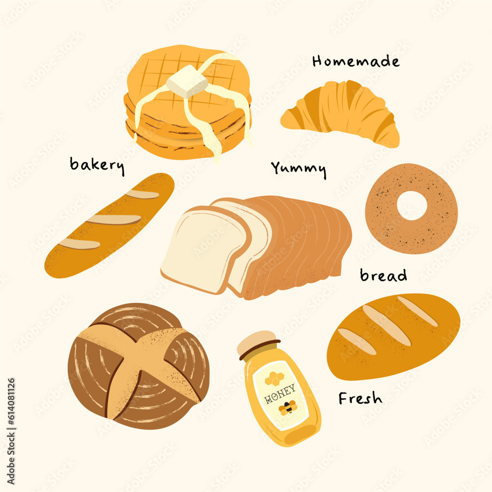 set of bread and products, baking set of bread and products, baking