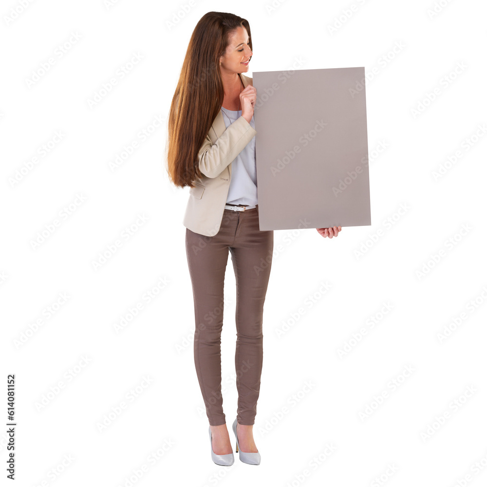 Poster, presentation or happy business woman for announcement board, promotion deal or brand news on paper. Placard sign, sales discount or professional person isolated on transparent png background Poster, presentation or happy business woman for announcement board, promotion deal or brand news on paper. Placard sign, sales discount or professional person isolated on transparent png background