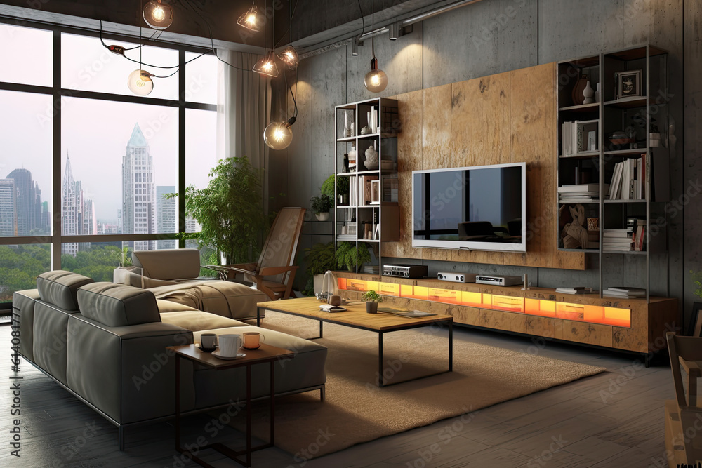Living room led tv on concrete wall with wooden table media furniture modern loft style Living room led tv on concrete wall with wooden table media furniture modern loft style