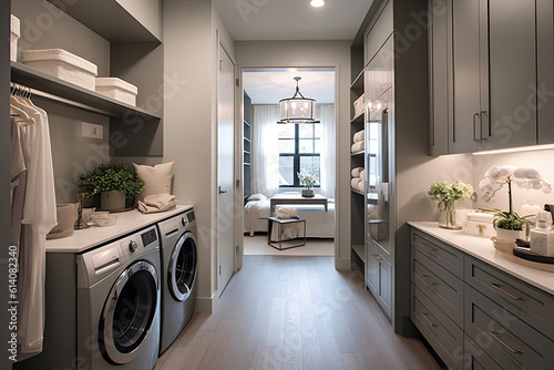 Walk in closet and laundry room with staging and stainless appliances deep sink grey cabinets