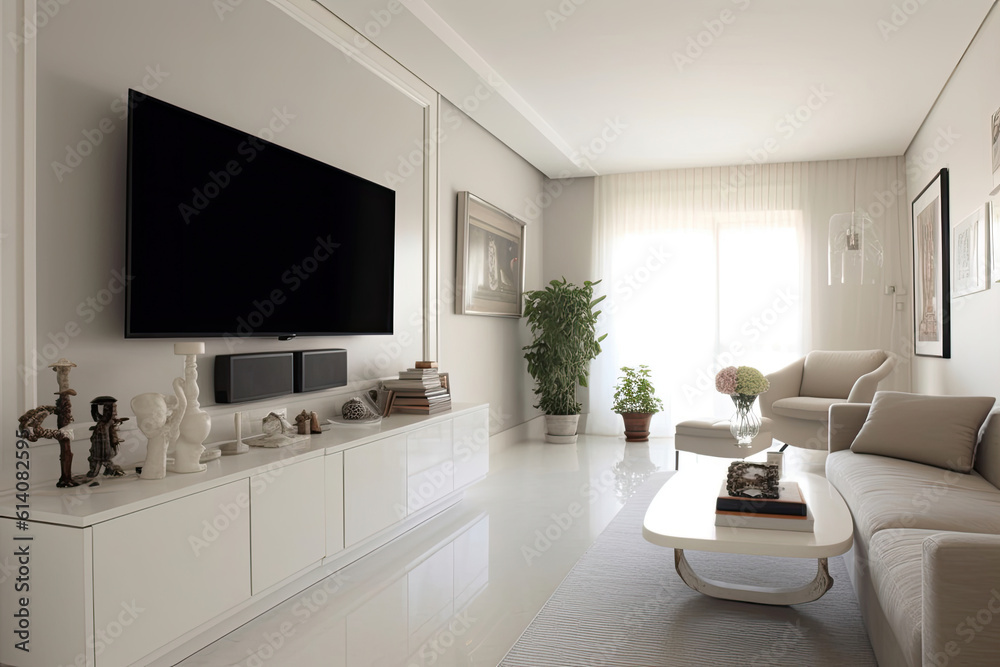 White living room detail tv on wall with commode and epoxy flooring