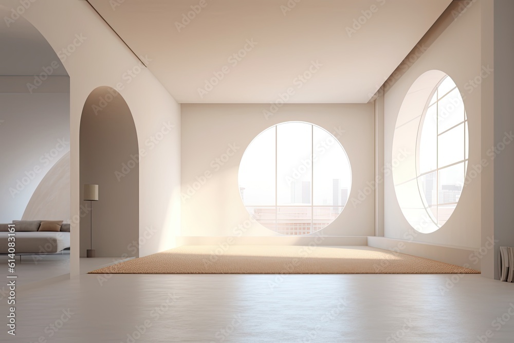 Big interior with large mock-up canvas and circular arc entrance to ...