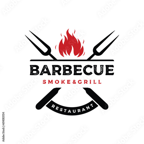 BBQ hot grill vintage typography logo template design with crossed flames and spatula. Logo for restaurant, badge, cafe and bar.