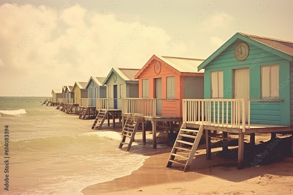 Obraz premium Beach cabins in multiple colors, generative ai