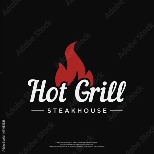 BBQ hot grill vintage typography logo template design with crossed flames and spatula. Logo for restaurant, badge, cafe and bar.