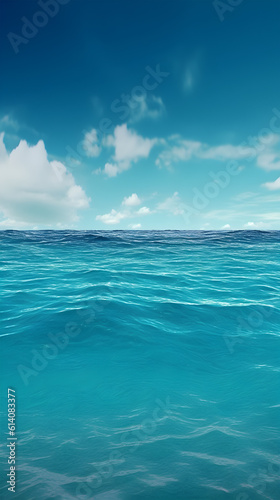 Creative nature template. Closed up ocean wave splashing at beautiful sea with blue skies and clouds background. Theme of sea vacation with clear water and serene blue sky. 