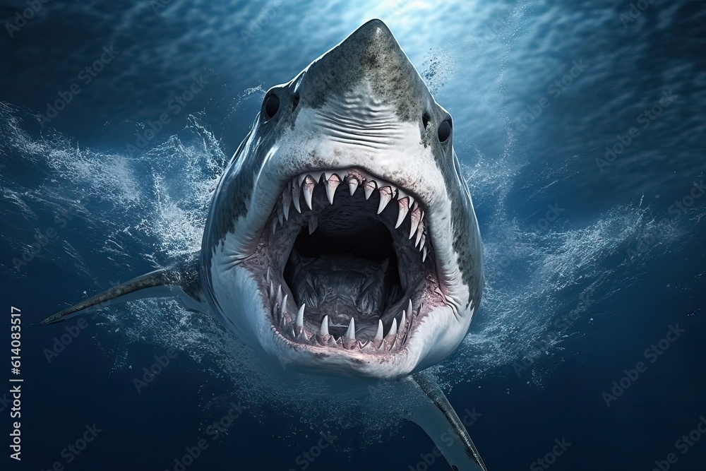 Fototapeta premium Scary shark with open jaws, generative ai