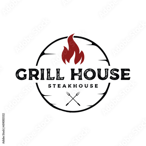 BBQ hot grill vintage typography logo template design with crossed flames and spatula. Logo for restaurant, badge, cafe and bar.