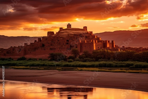 Sunset in the golden city of Ait Benhaddou, generative ai