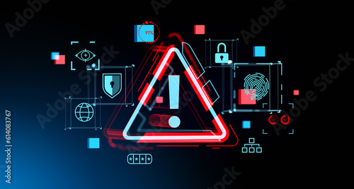 Red alert sign hologram and digital cybersecurity icons and password