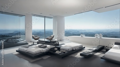 Multiple Bed Exterior Design Perspective of Modern Bedroom Overlooking the Mountains and Water. High Ceiling and High Glass Window Mid Century Minimalistic House © Vivienne