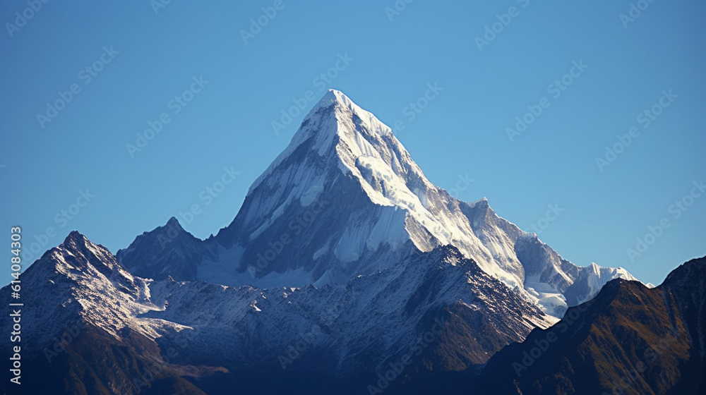 A stunning shot of a snow-capped mountain peak, standing majestically against a clear blue sky.