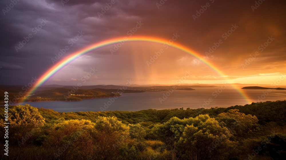 An incredible double rainbow stretching across the horizon, casting a magical glow over the landscape.