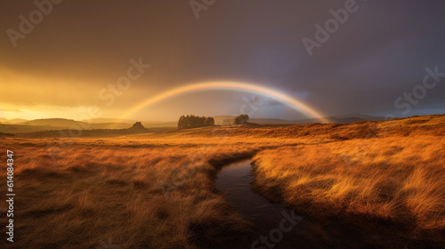 An incredible double rainbow stretching across the horizon, casting a magical glow over the landscape Generative AI
