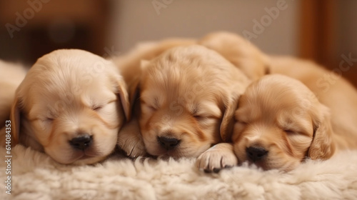 A group of adorable puppies cuddled together, fast asleep, creating an irresistible scene." Keywords: puppies, cuddled, adorable, asleep. Generative AI