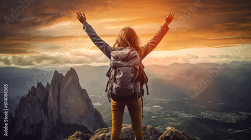 A female hiker, adorned with a backpack, stands triumphantly atop the majestic mountain peak, radiating joy and a sense of liberation. This inspirational image captures the essence Generative AI