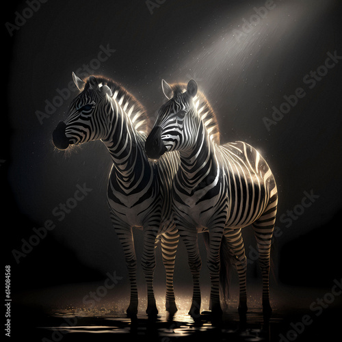 Zebra  Hippotigris  from the equine genus  Equus   and plains zebra  Equus quagga   black background  AI generated