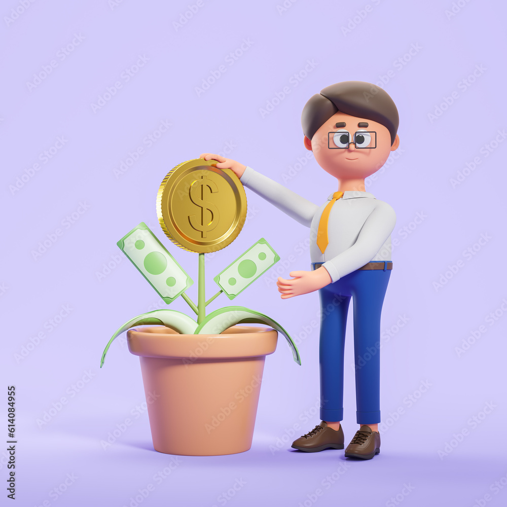 3d rendering. Cartoon man standing with a money tree, investment and development 3d rendering. Cartoon man standing with a money tree, investment and development