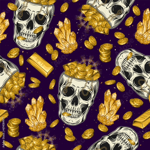 Pattern with gemstones, golden ingots, coins, human skull without top like cup, bowl, vase full of gold treasure. Fantasy concept of wealth. Print, clothing, t shirt, surface design in vintage style
