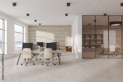Stylish business office interior with coworking and conference space  window