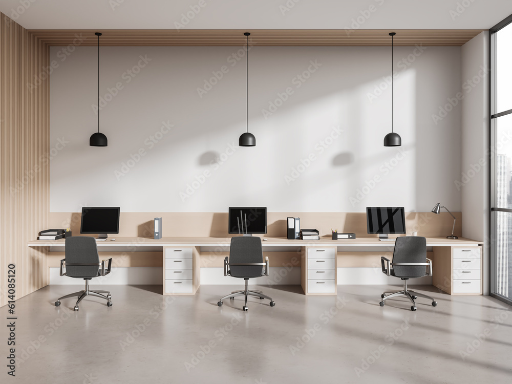 White workplace interior with pc computer in row, panoramic window White workplace interior with pc computer in row, panoramic window
