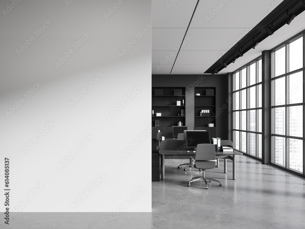 Naklejka premium White and gray open space office interior with blank wall
