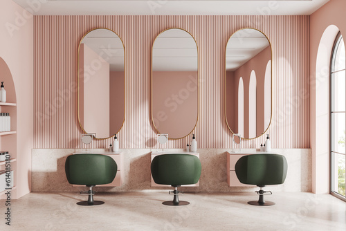 Pink cozy beauty salon with chairs in row and mirror, panoramic window