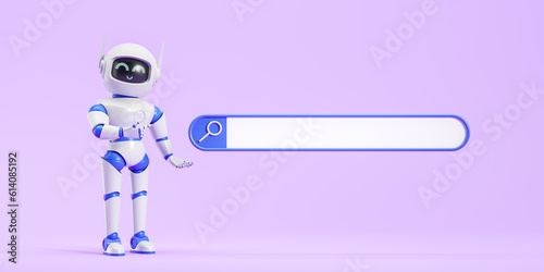 White AI robot pointing at pink empty search bar