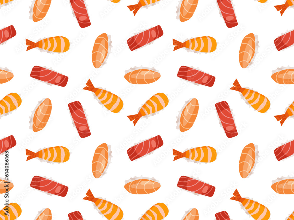 Seamless Japan food pattern. Fresh sushi set on white background. Sushi with rice ball and shrimp, salmon, tuna. Repeated vector for wallpaper, textile, wrapping, scrapbooking. Classic Japanese food. Seamless Japan food pattern. Fresh sushi set on white background. Sushi with rice ball and shrimp, salmon, tuna. Repeated vector for wallpaper, textile, wrapping, scrapbooking. Classic Japanese food.