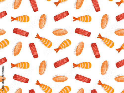 Seamless Japan food pattern. Fresh sushi set on white background. Sushi with rice ball and shrimp, salmon, tuna. Repeated vector for wallpaper, textile, wrapping, scrapbooking. Classic Japanese food.