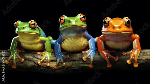 3 frogs on a row, colored black background