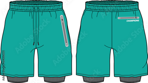 Sport track Shorts with compression tights design vector template, basketball shorts concept with front and back view for football, badminton and running active wear double layer trail shorts design