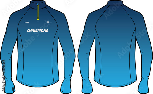 Long sleeve Compression running base layer top t shirt with thumb hole design flat sketch illustration, Sports jersey Active wear compression top concept with front and back view