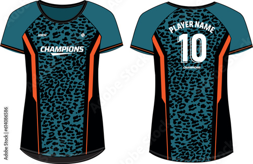 Women Sports Jersey t-shirt design flat sketch Illustration, Leopard skin pattern round Neck t shirt for girl and Ladies Volleyball jersey, Football, badminton, Soccer, netball. Sport uniform kit