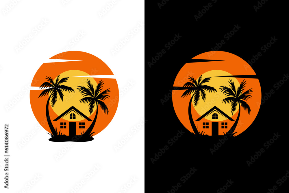 logo design palm with house and sunrise template element stock vector