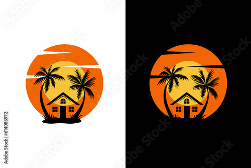 logo design palm with house and sunrise template element stock vector photo
