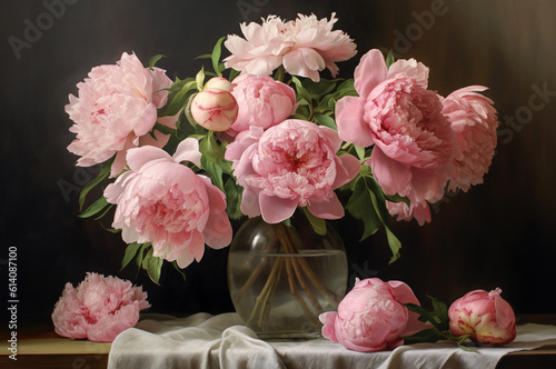 Bouquet of pink peonies in a vase. Pink flowers. Generative ai © upssallaaa