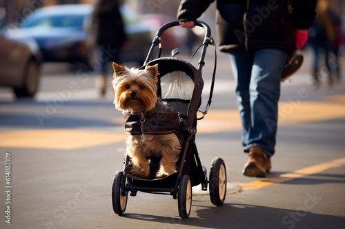 Walking with a dog in a stroller. Puppy sits in a small stroller. Generative ai © upssallaaa